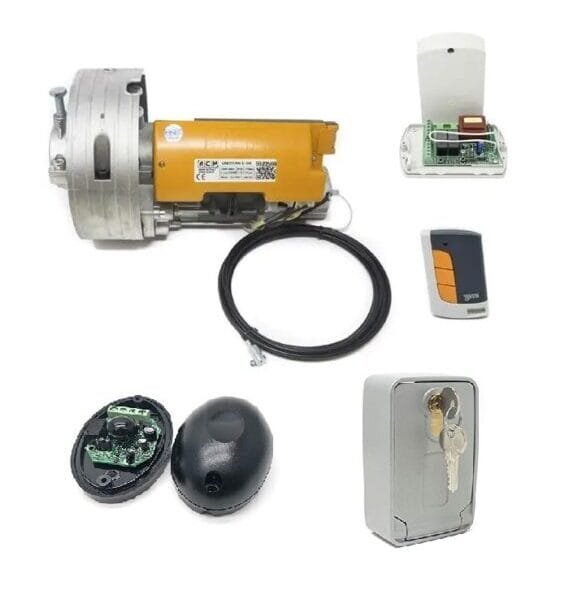 Kit motor puerta enrollable ACM Titan 170k con electro freno, cuadro de control, fotocélula y mandos, también tiene taquilla desbloqueo