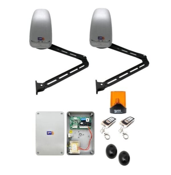 Kit 2 motores articulados de 24v modelo VDS IBIS para puertas de garaje batientes abatibles de 2 hojas, con cuadro de control, 2 mandos rolling code, lámpara destellante VDS Led, y fotocélulas