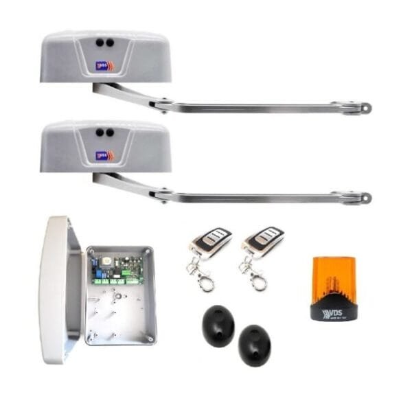 Kit 2 motores articulados de 230v modelo VDS TEKNO para puertas de garaje batientes abatiblesde 2 hojas, con cuadro de control, 2 mandos rolling code, lámpara destellante VDS Led, y fotocélulas